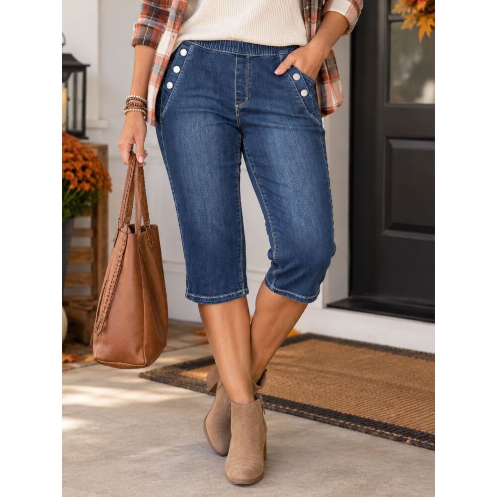 Susan Graver Jeans Size 8 Pull On Denim Capris Stretch Snap Pocket Blue